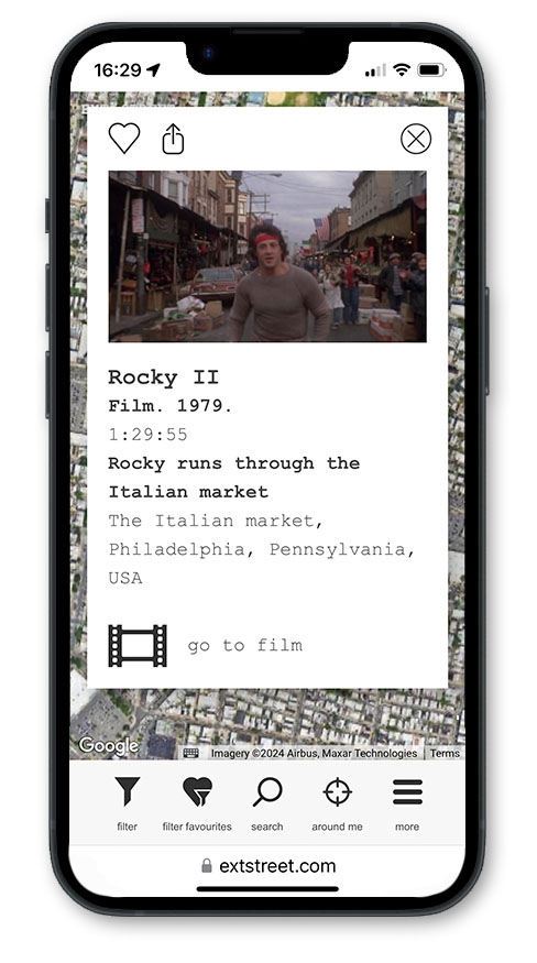 ExtStreet.com in use on smartphone - movie scene page showing Rocky II